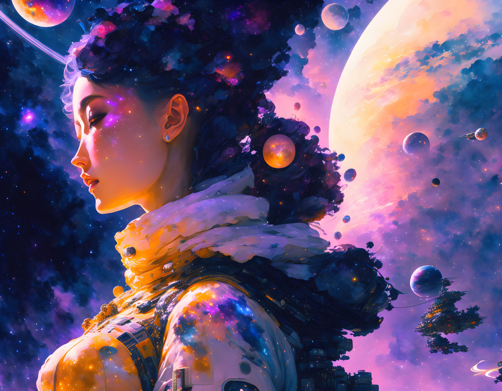 Colorful cosmic-themed woman illustration with planets, stars, and moon.