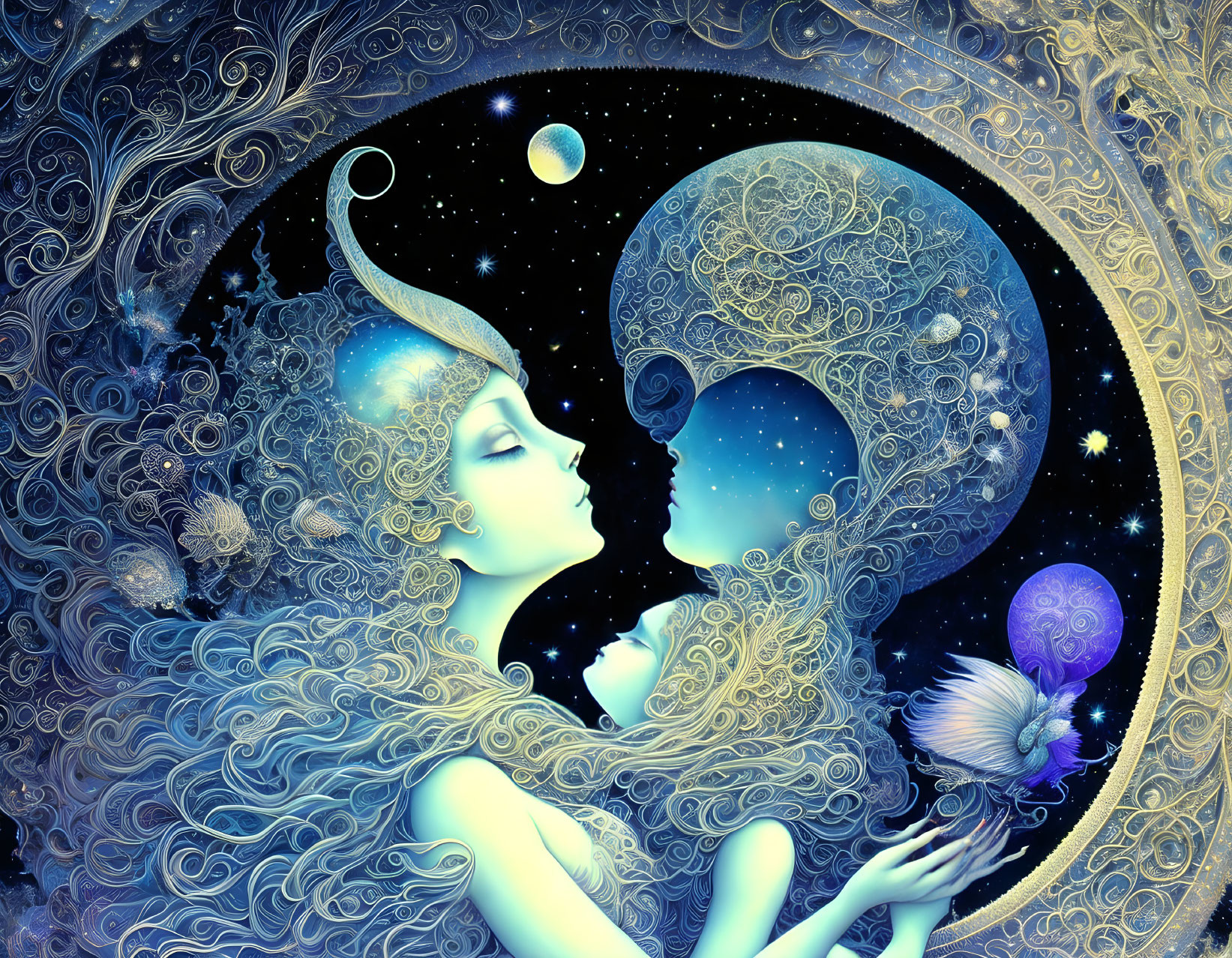 Stylized cosmic figures embracing amidst stars and planets