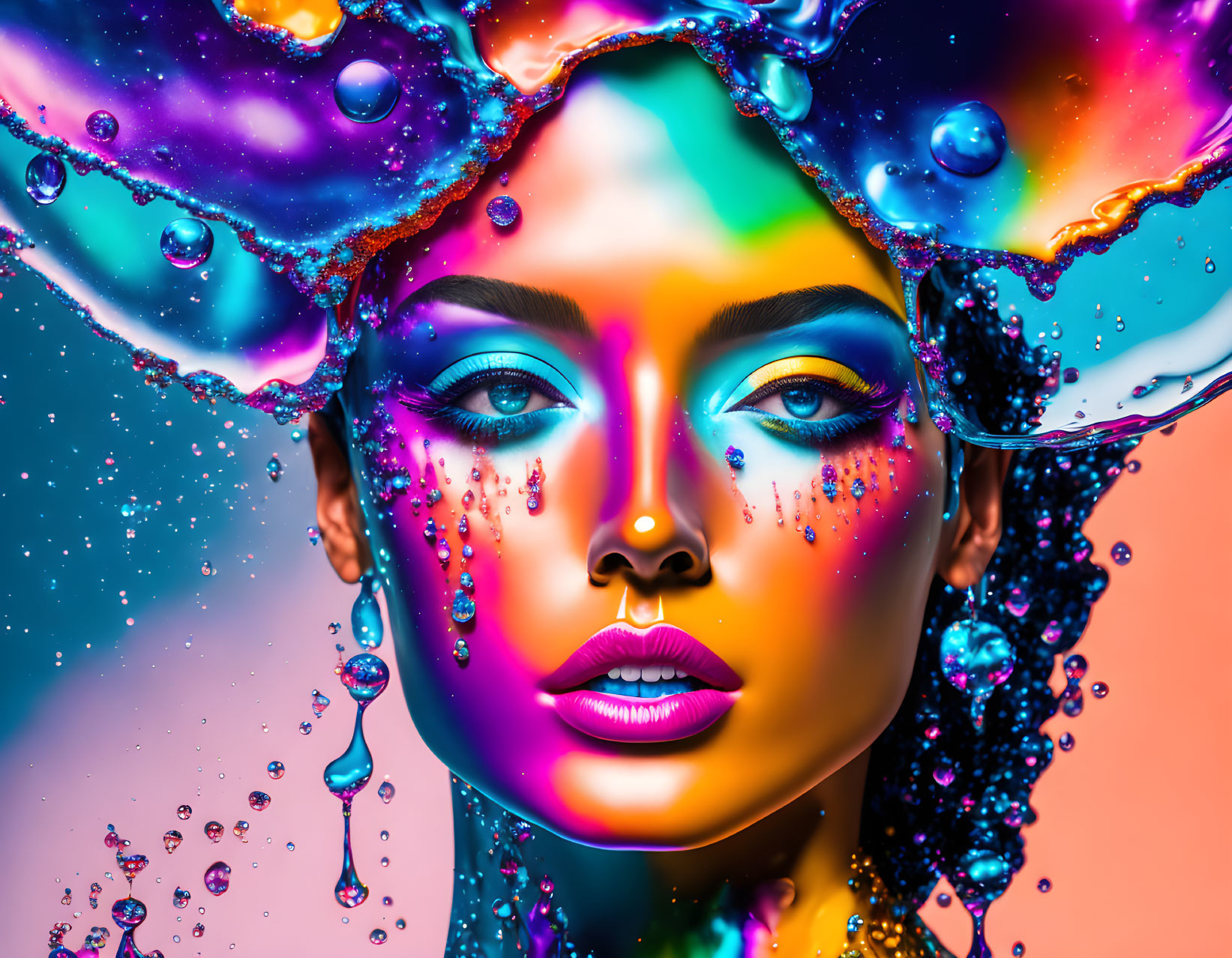 Colorful makeup woman portrait with splashing liquid hues