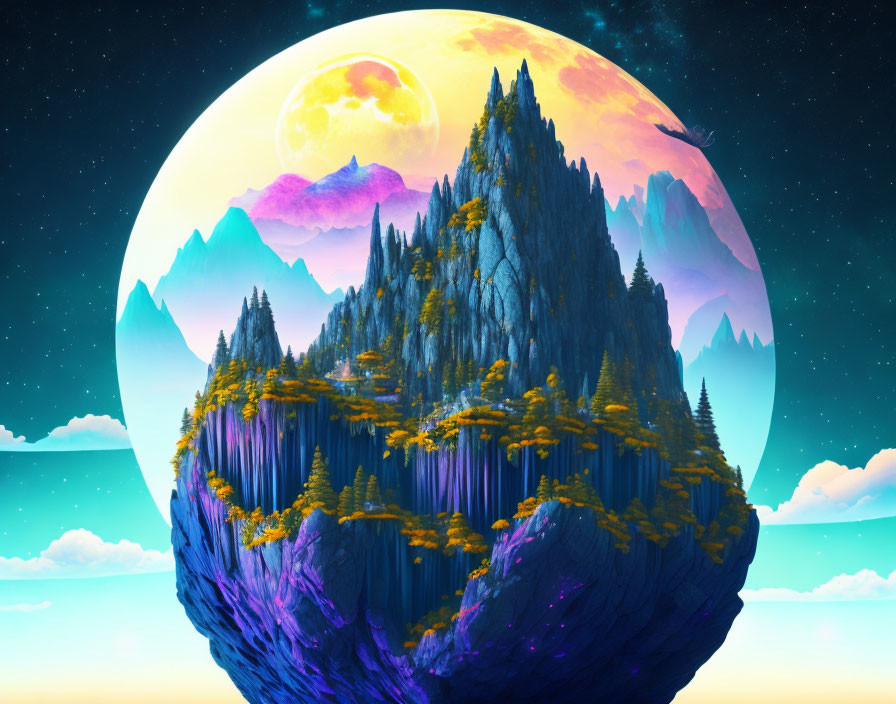 Fantastical floating island with lush trees, cliffs, giant moon, and starry sky