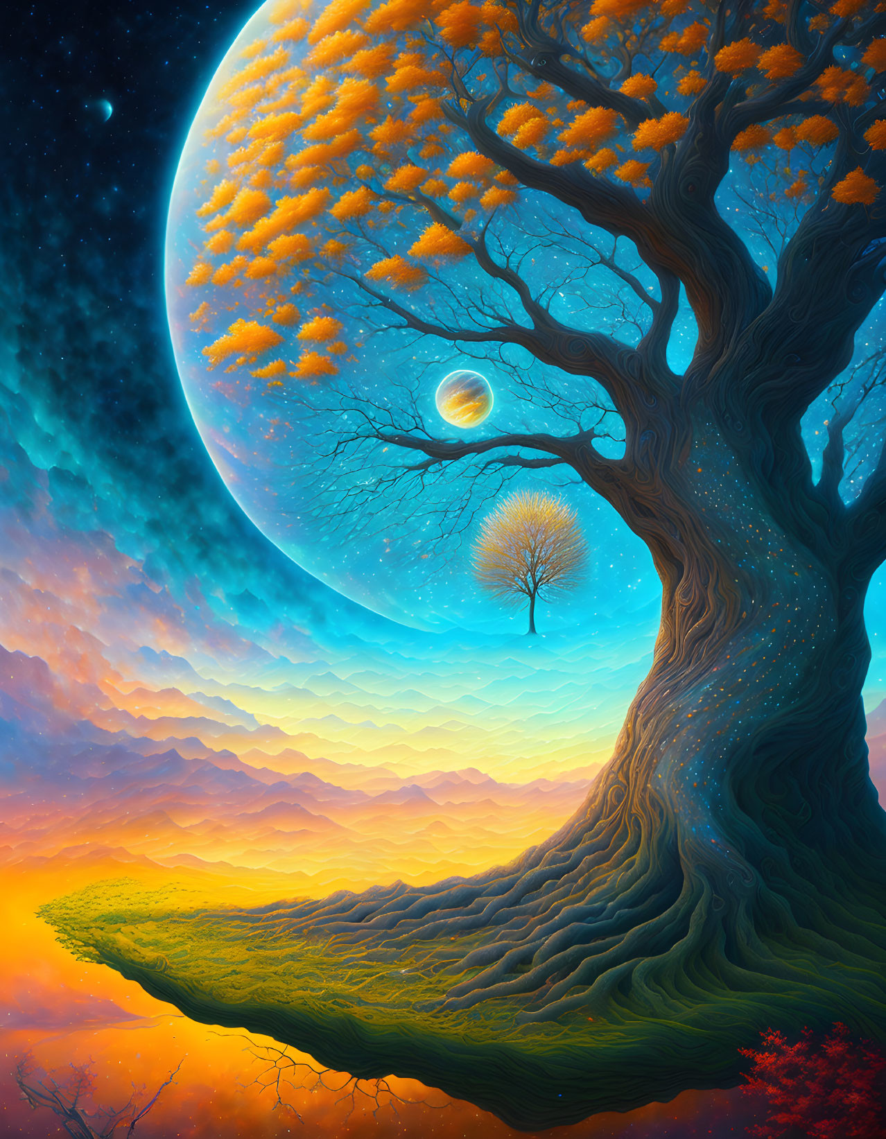 Digital artwork of majestic tree against layered hills, moon, and planet in starry sky.