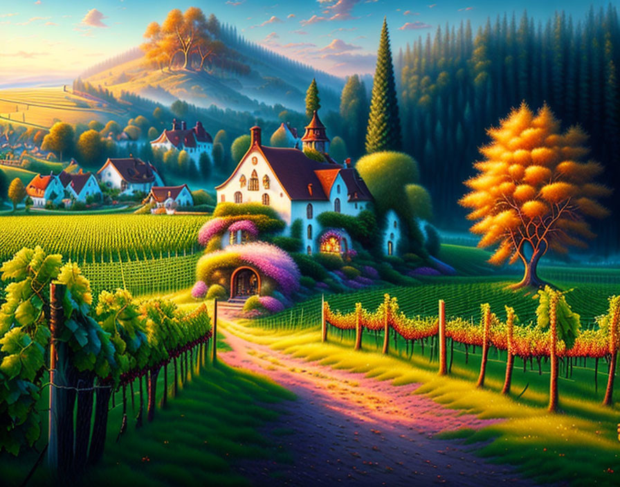 Scenic village landscape with vineyards, houses, and trees at sunset