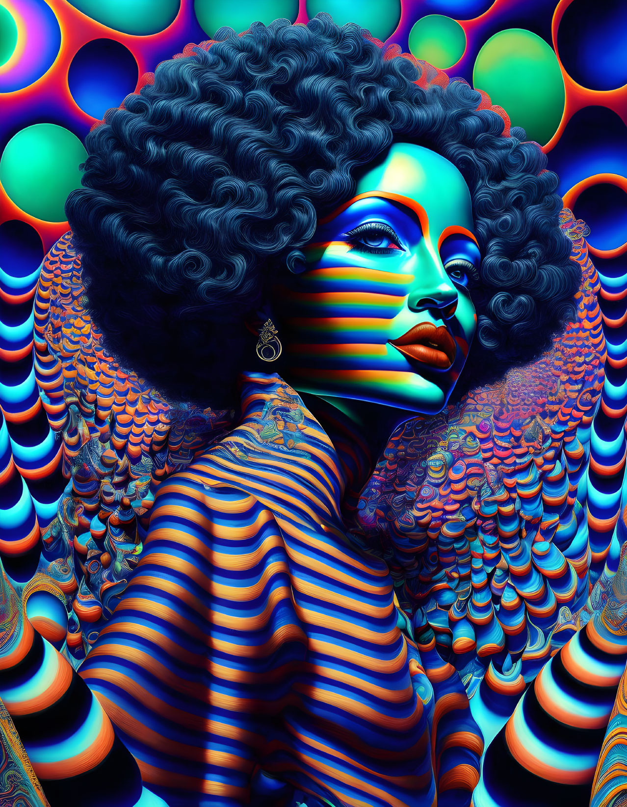 Colorful digital art featuring woman with curly hair and striped patterns on skin in psychedelic setting.