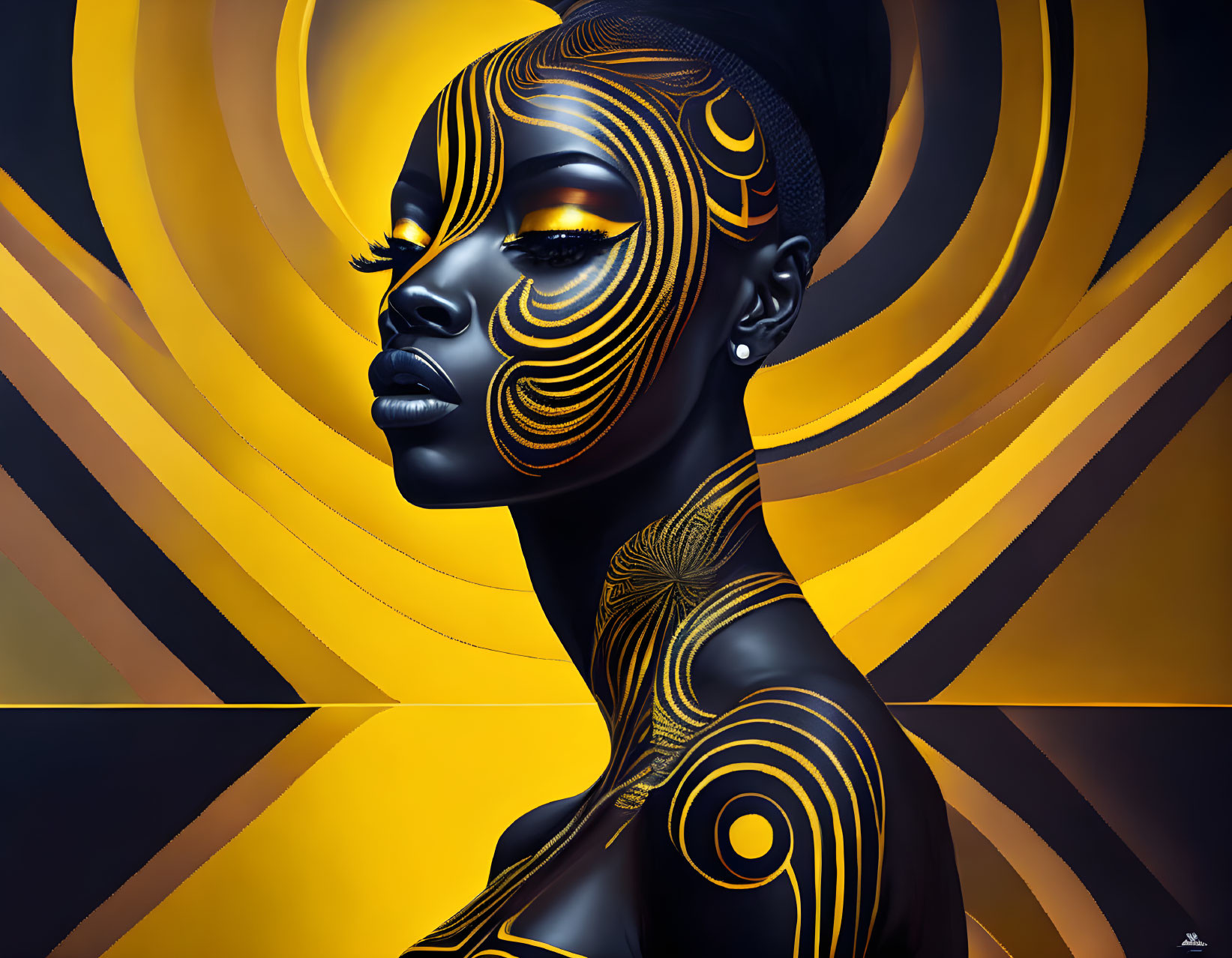 Stylized digital artwork of woman with black and gold patterns on swirling background