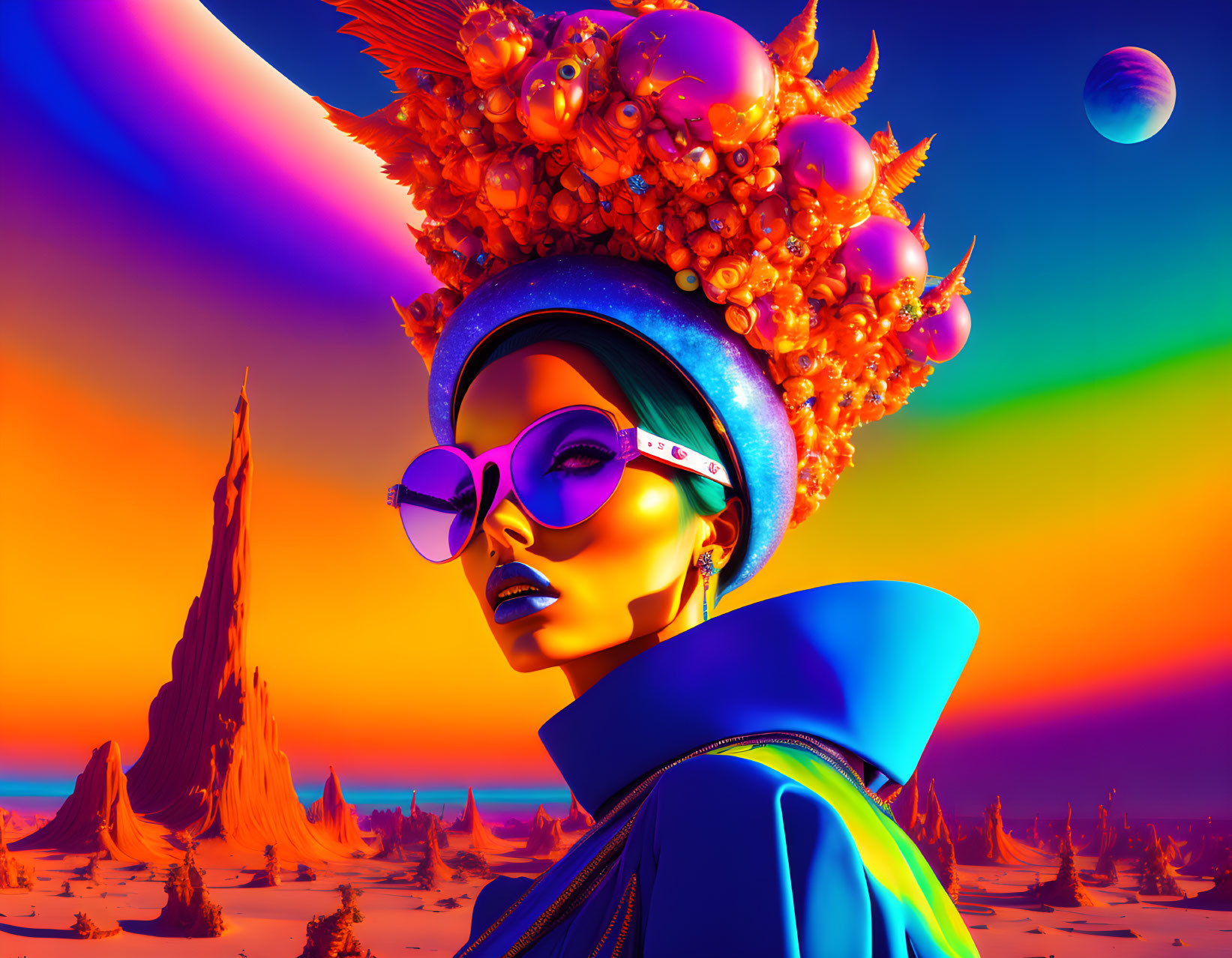 Colorful digital art featuring a woman in fruit hat and futuristic outfit in alien desert landscape