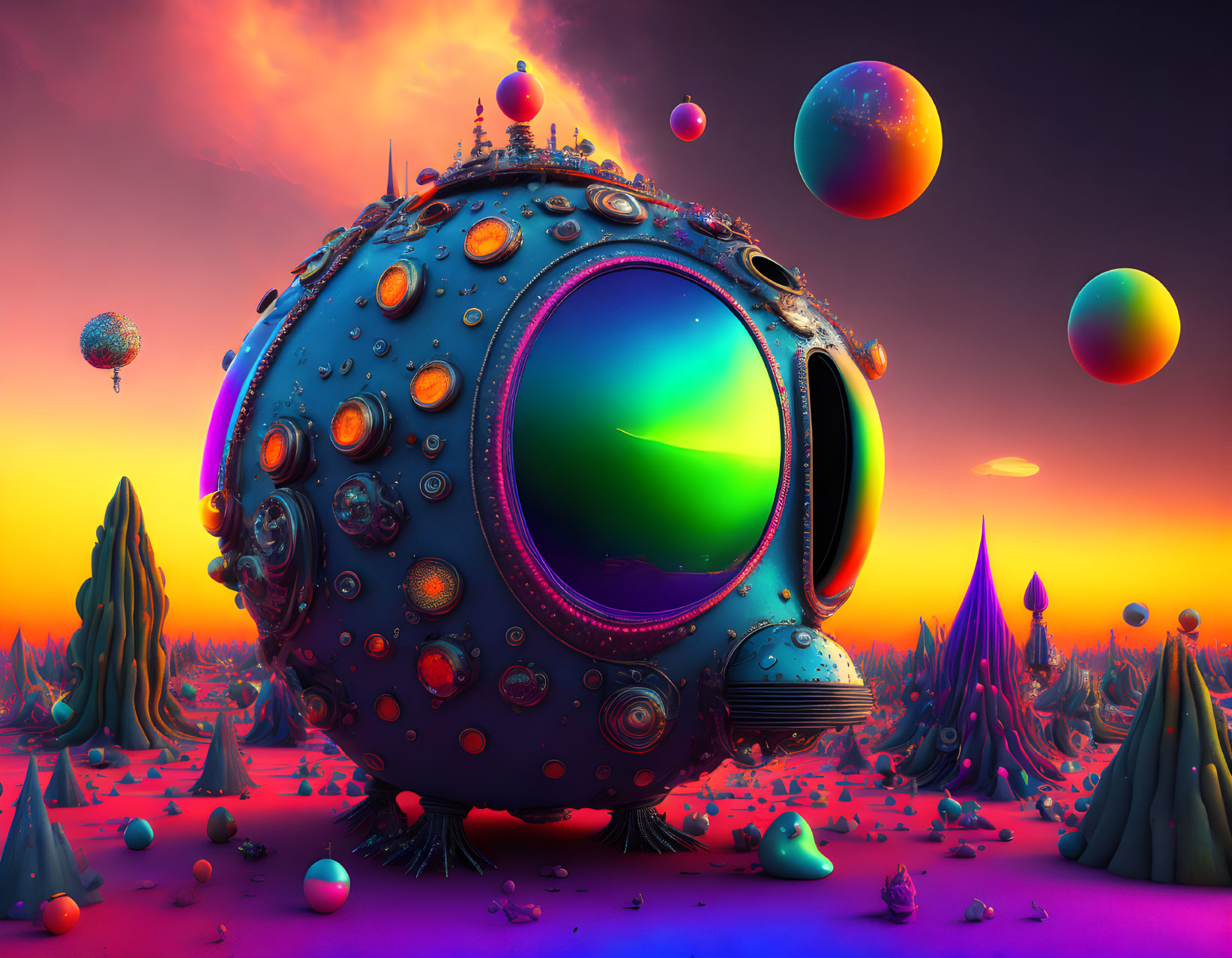 Colorful surreal landscape with blue sphere and floating orbs in pinkish-purple sky