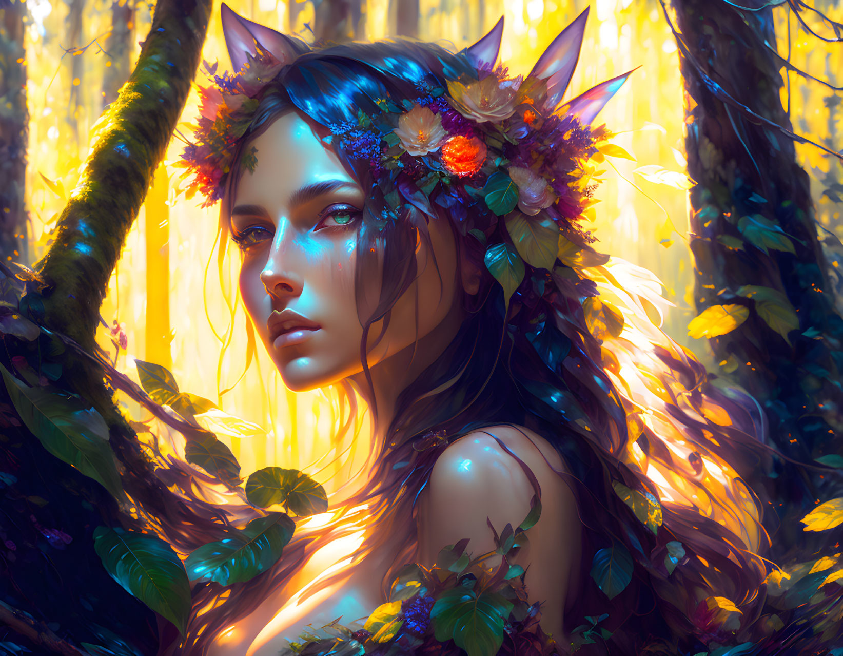 Mystical female figure with pointed ears in golden forest light