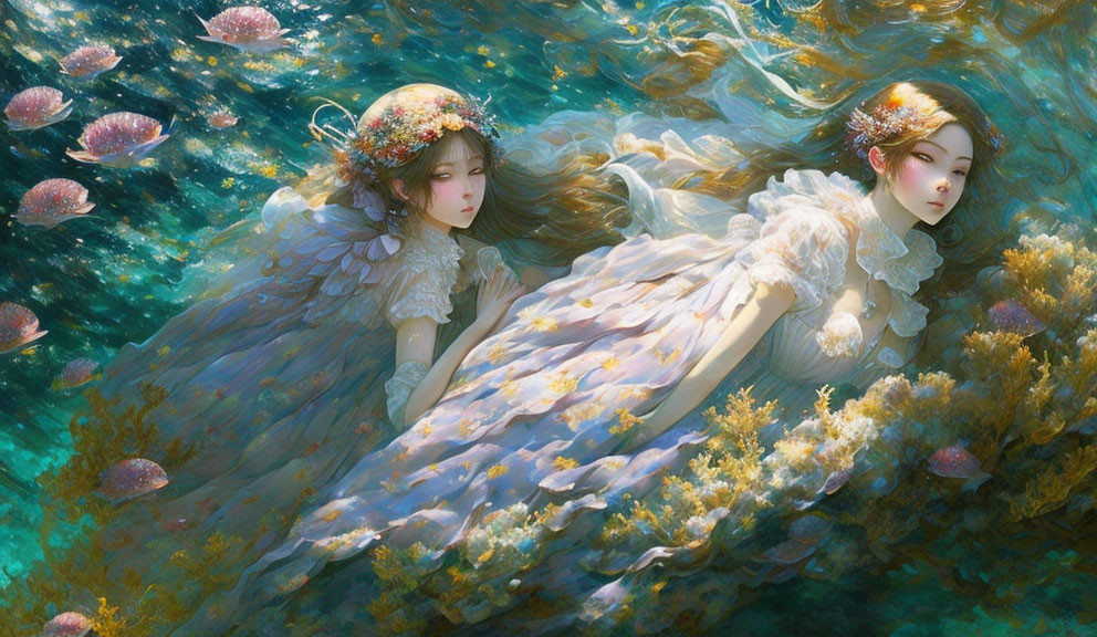 Ethereal figures with intricate headpieces in vibrant underwater scene