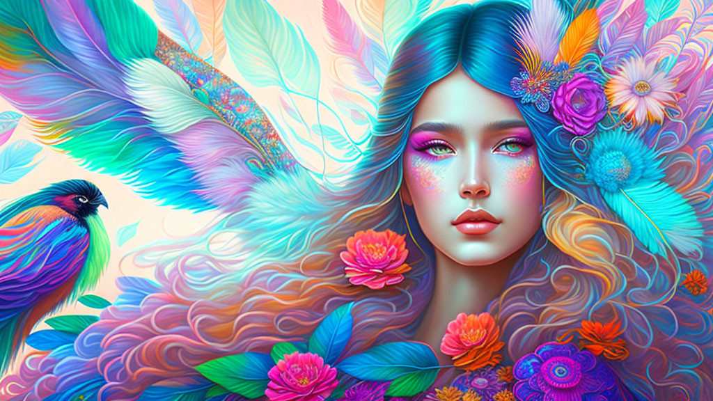 Colorful digital artwork: Female figure with feathers, flowers, and bird in bright, fantastical scene