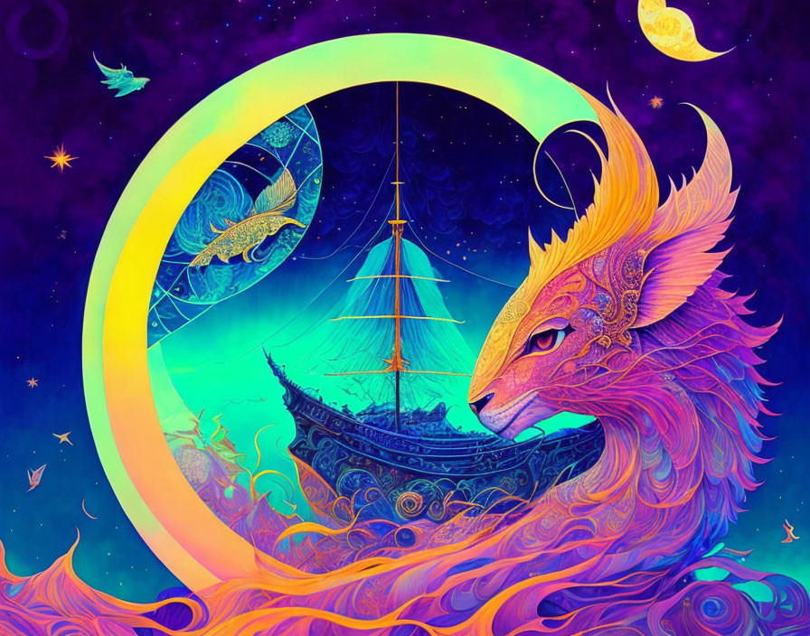 Majestic golden dragon encircling sailing ship in cosmic fantasy artwork