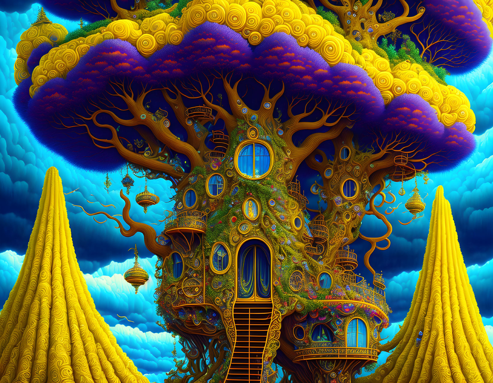 Intricate Fantasy Treehouse in Surreal Landscape