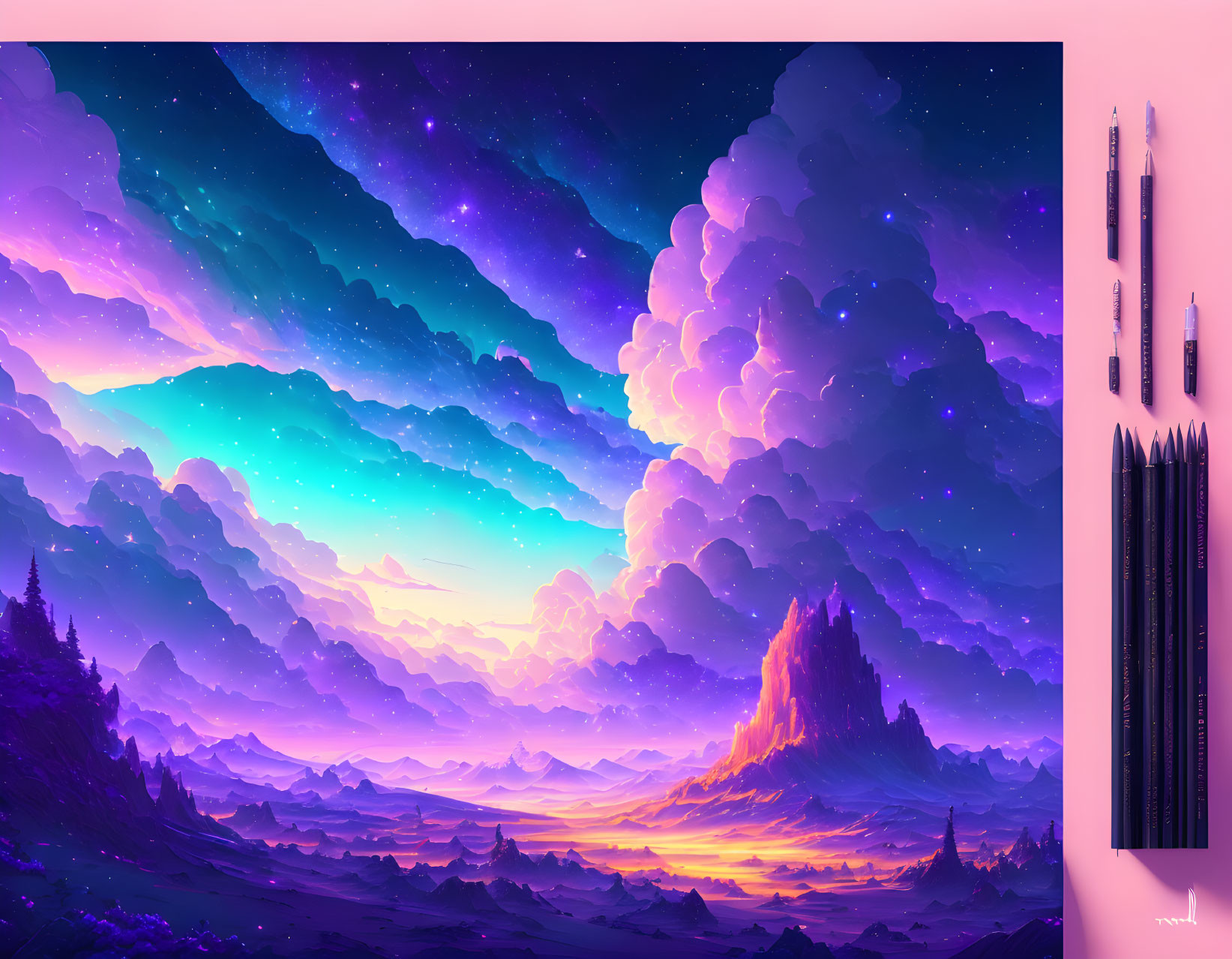 Majestic purple clouds in dreamy landscape with star-filled sky and mountainous region at dawn