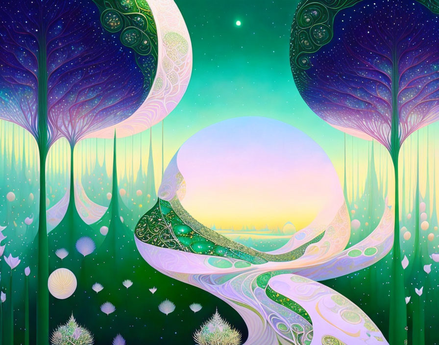 Vibrant fantasy landscape with crescent-shaped trees, sunrise, stars, and floating orbs