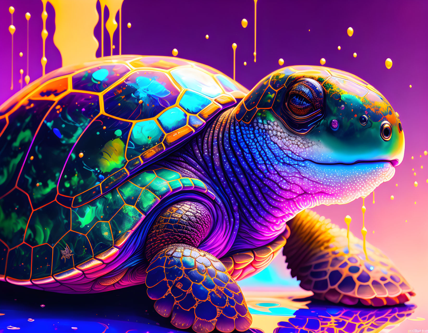 Colorful Digital Illustration of Neon Turtle on Dripping Background