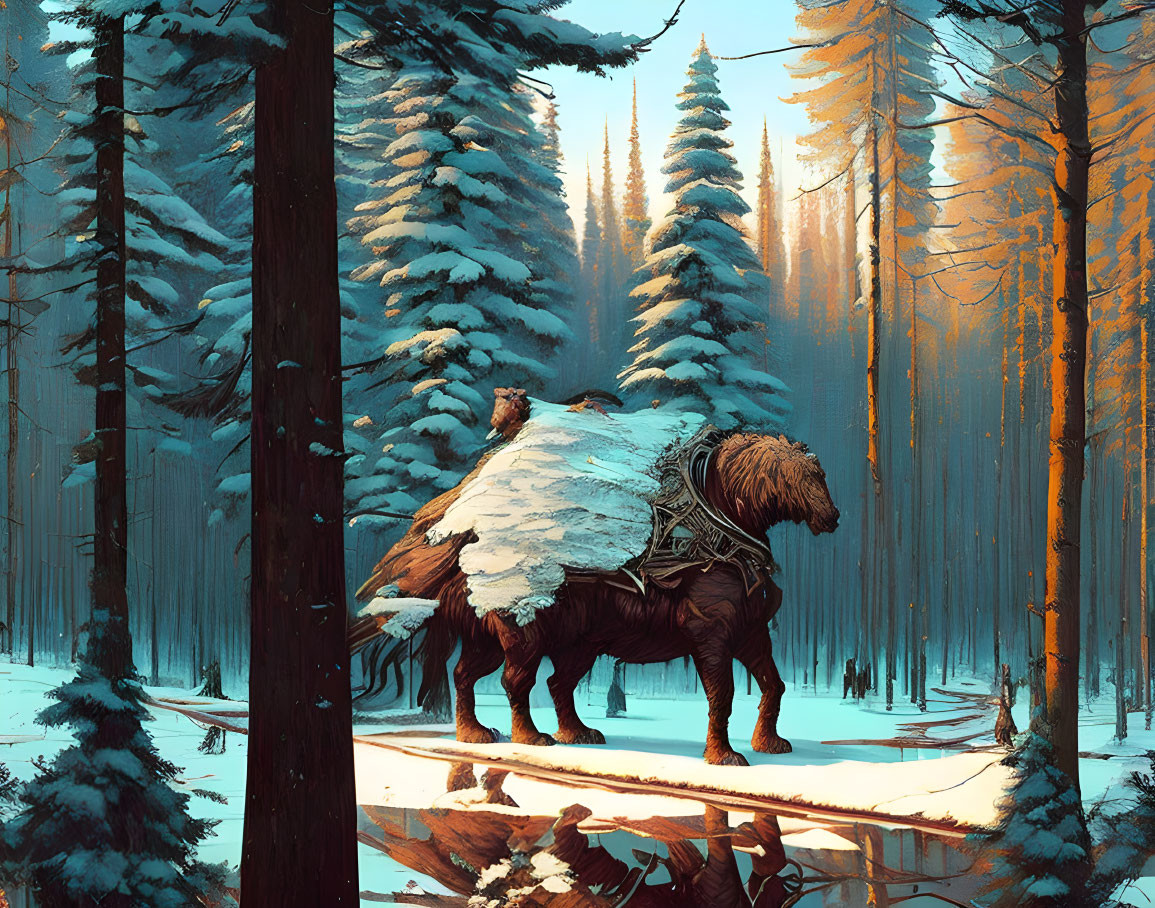 Fantasy illustration of furry creature with saddle in snowy forest