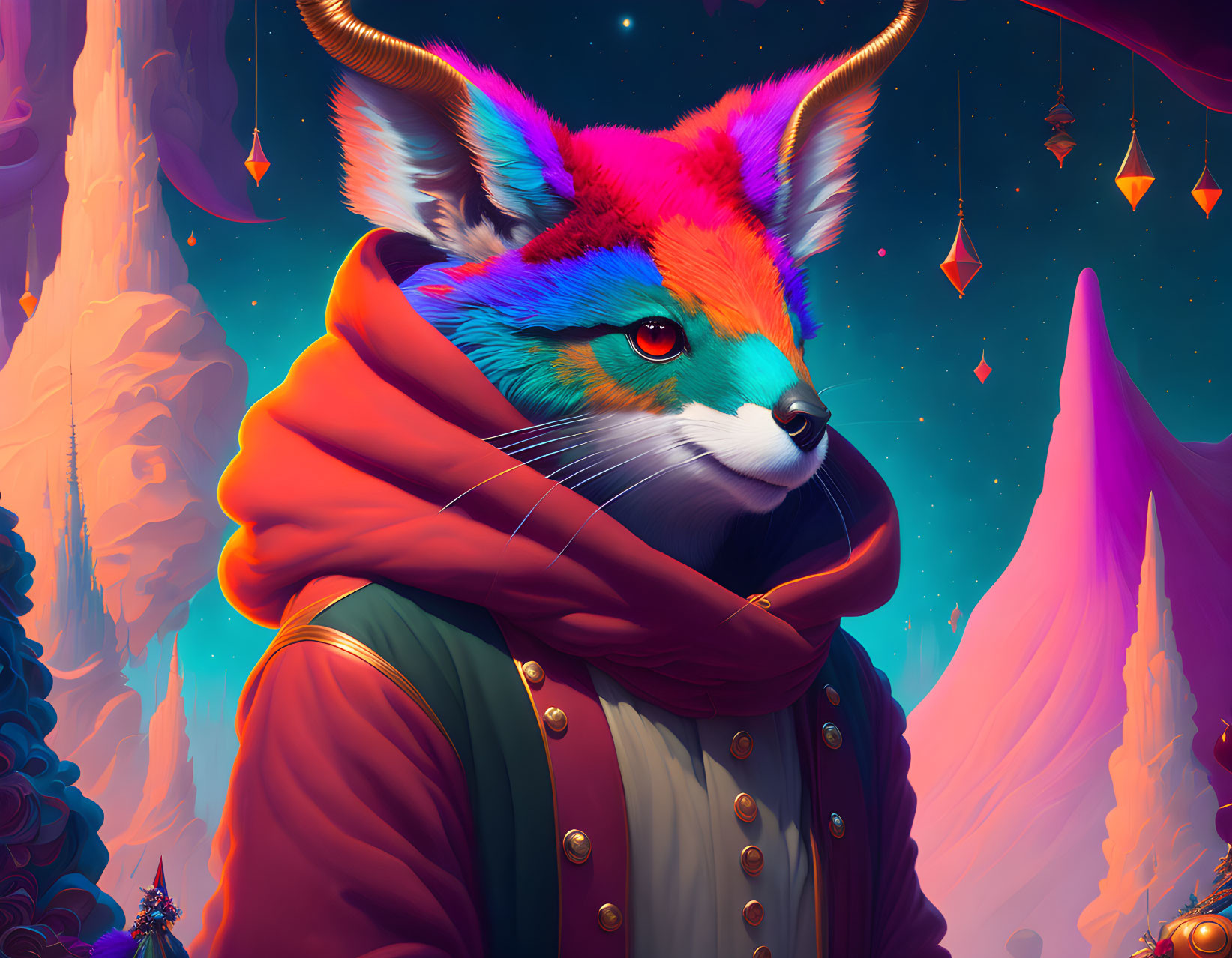 Anthropomorphic fox with red hood in fantasy landscape with glowing crystals.