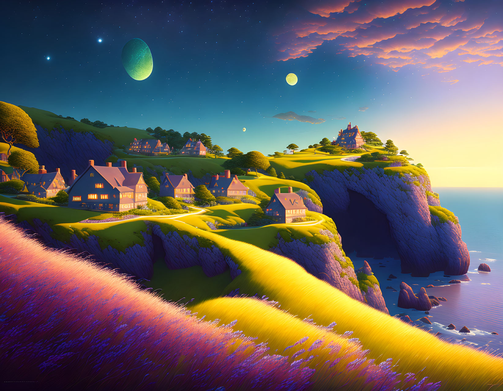 Vibrant purple fields, cliffside homes, castle, two moons, pink sunset sky