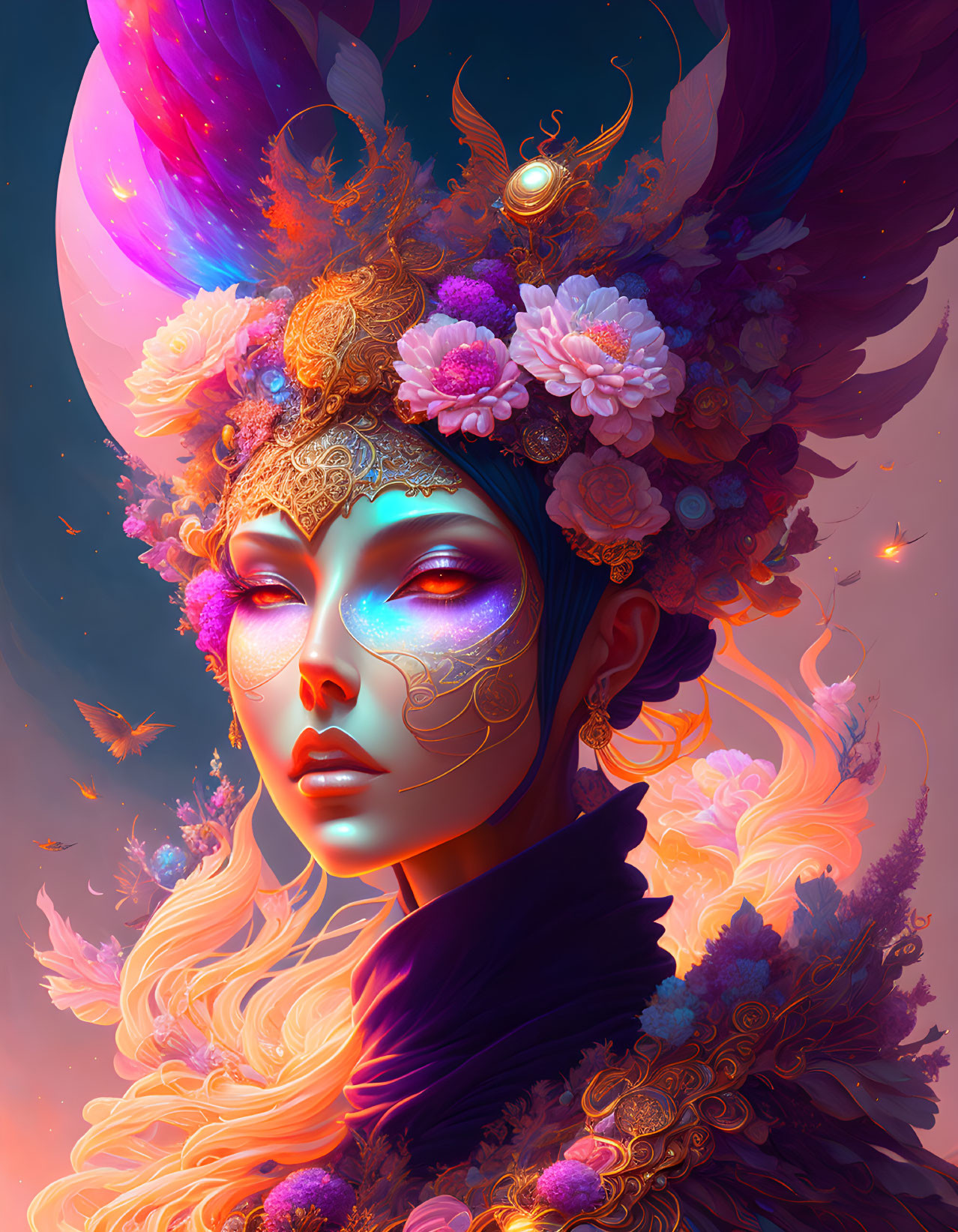 Digital art: Woman with blue skin, floral headdress, gold details, cosmic background