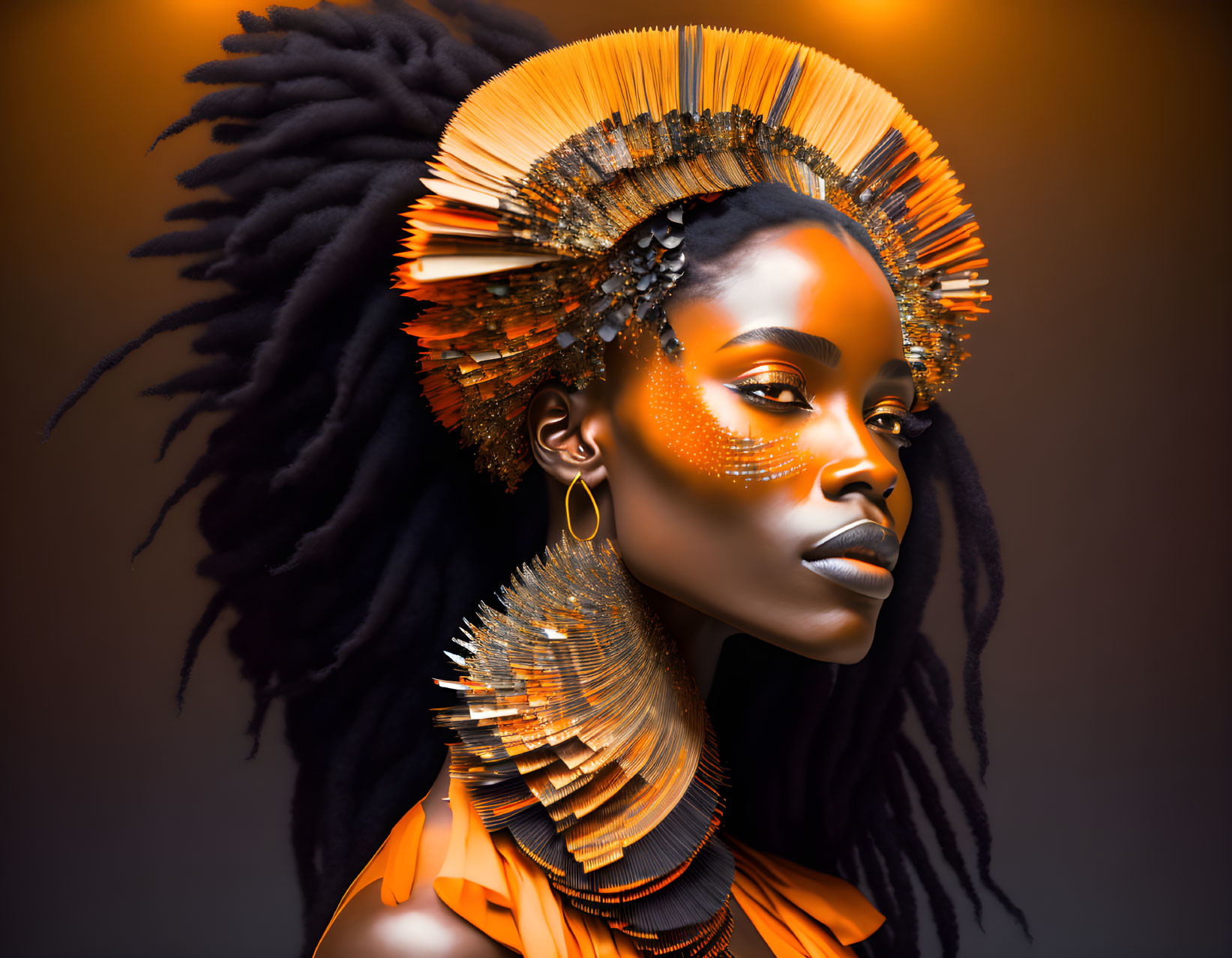 Portrait of Woman with Artistic Orange Makeup and Striking Headpiece Against Warm Backdrop