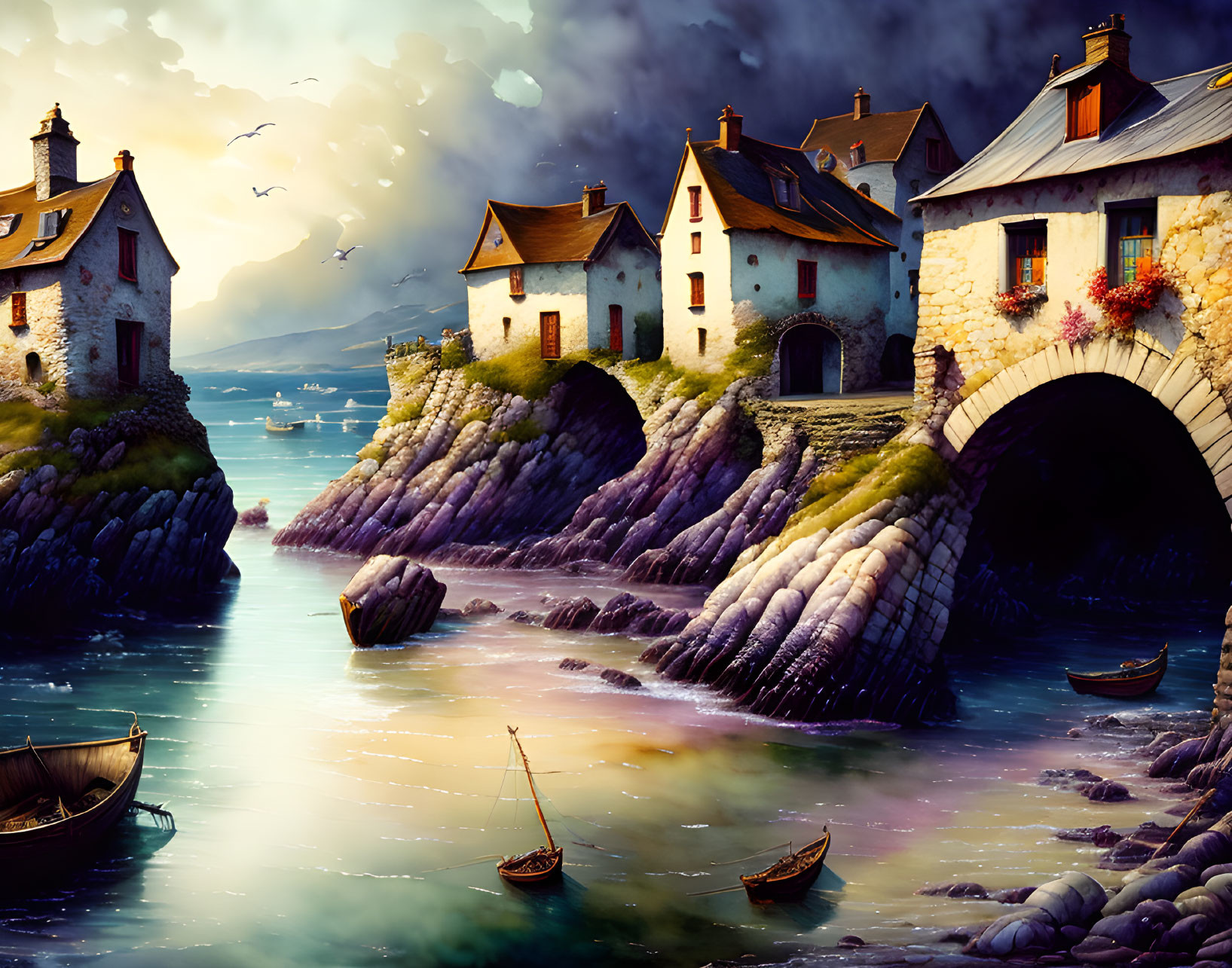 Coastal Scene with Houses, Stone Bridge, Boats, and Sunset Sky