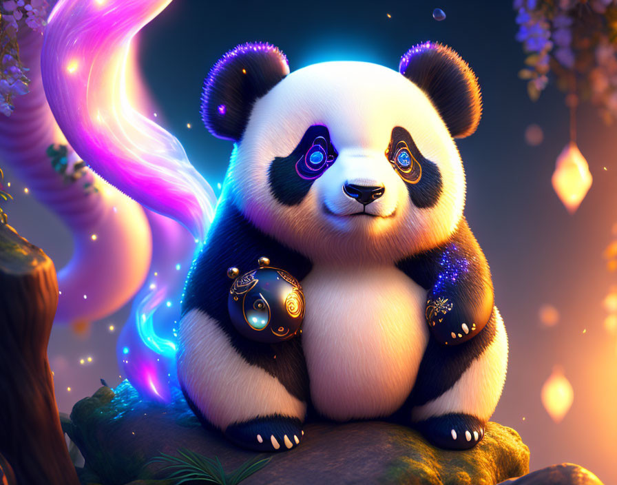 Stylized panda with glowing eyes holding ornate clock in mystical setting