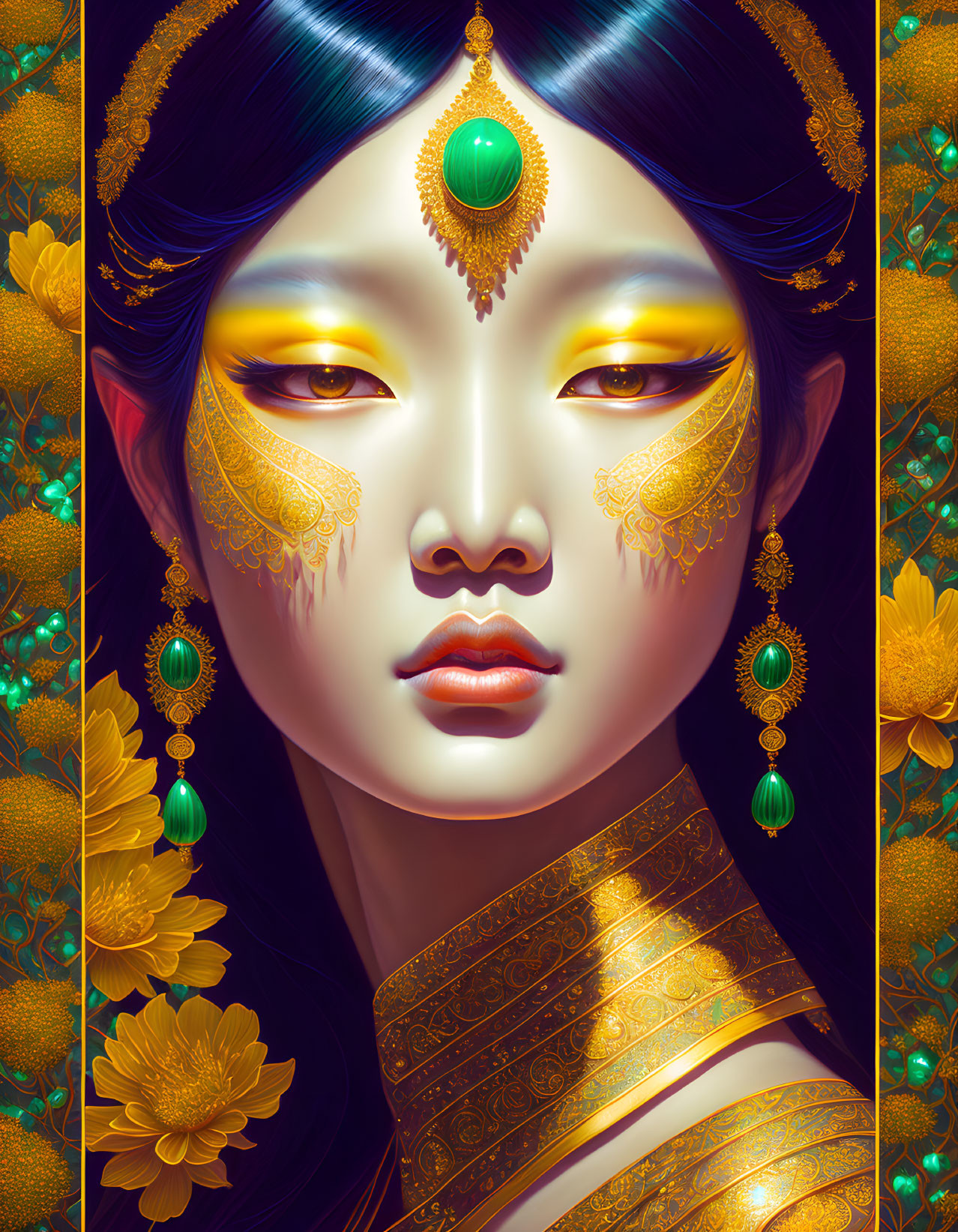 Digital portrait: Woman with golden eyes and ornate jewelry on green background