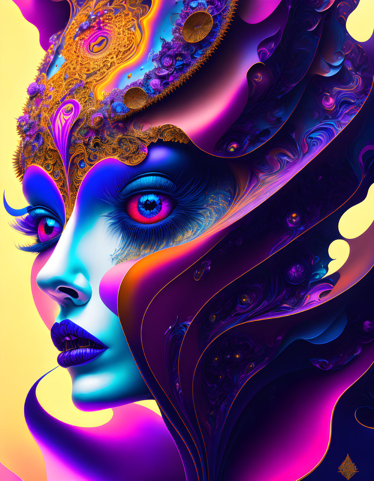 Vivid digital portrait of a woman with blue skin and ornate headpiece