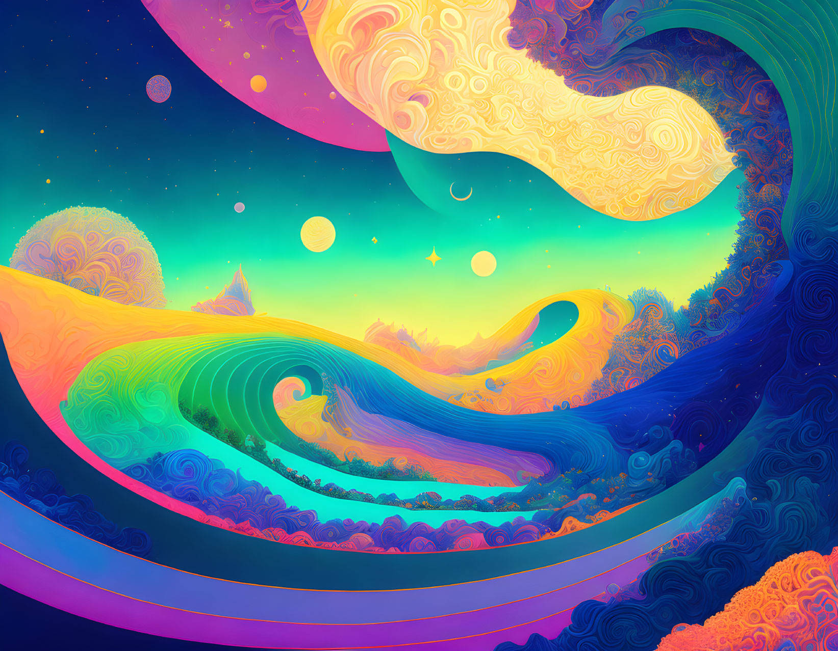 Colorful surreal landscape with swirling patterns and celestial bodies