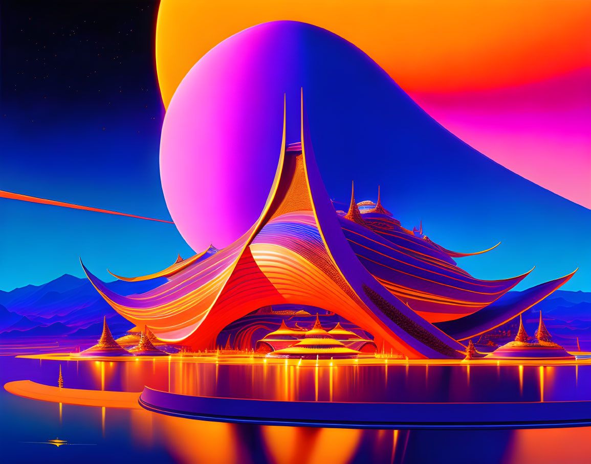 Abstract futuristic landscape with flowing architecture under pink and purple celestial body reflected in water at dusk