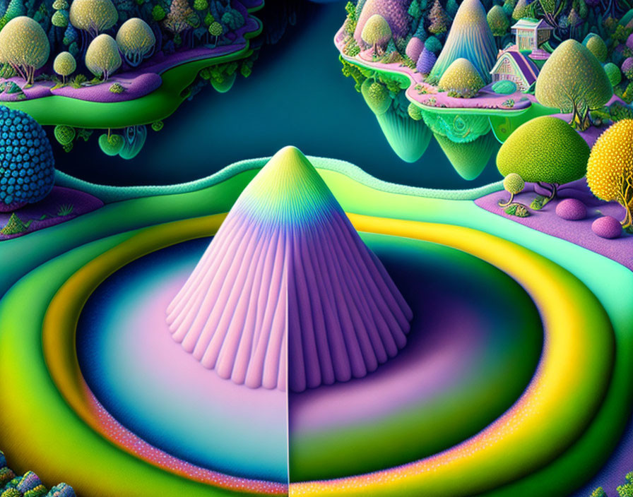 Colorful surreal landscape with central purple conical hill and circular terraces.