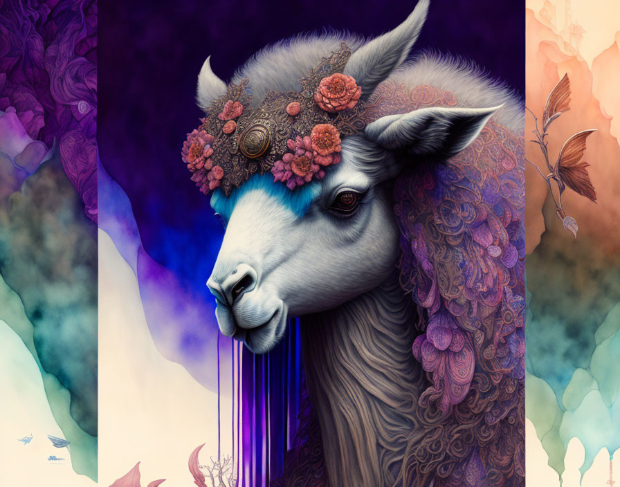 Colorful llama illustration with floral headpiece and butterflies in purple hues