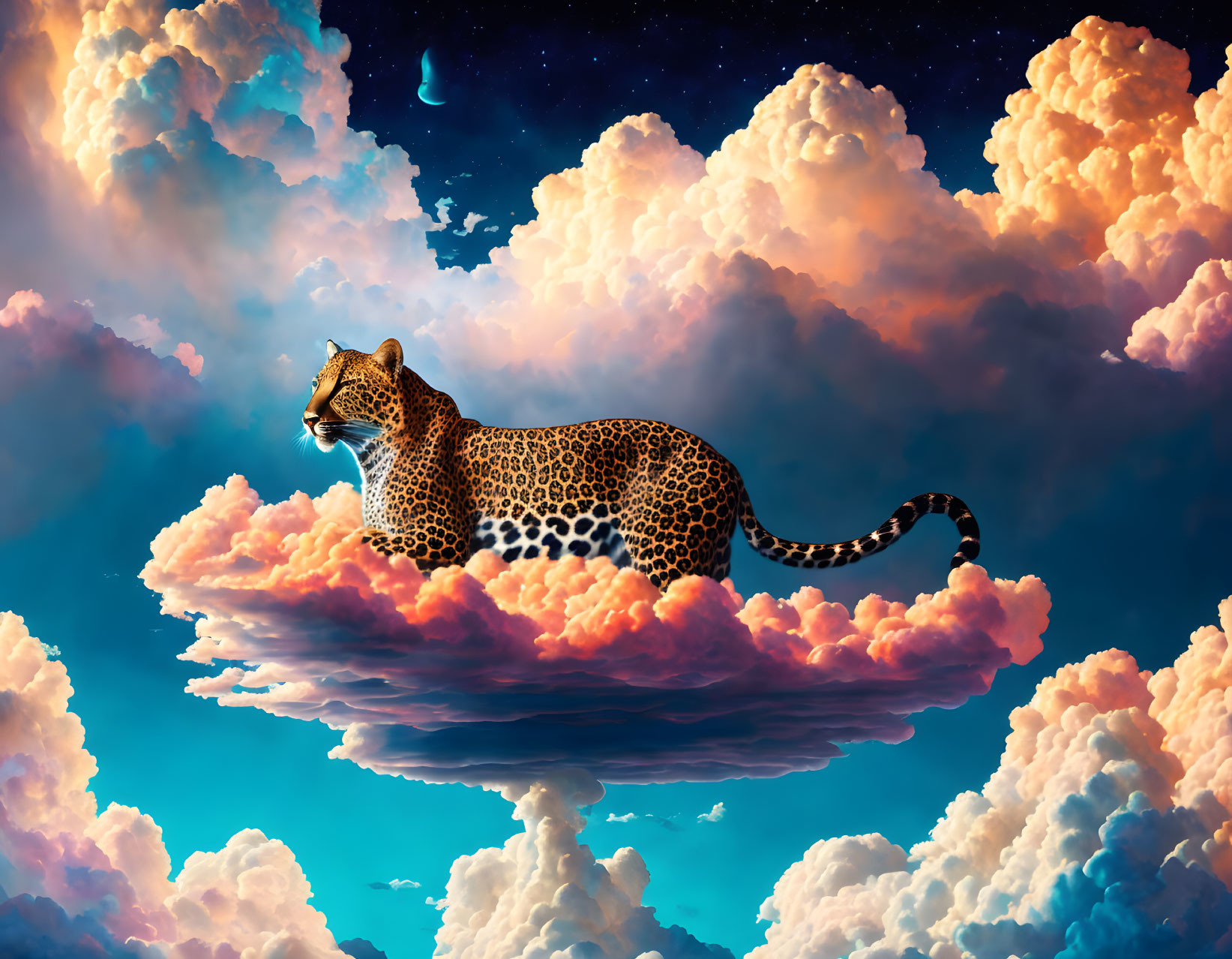 Leopard standing on cloud in colorful sky with crescent moon