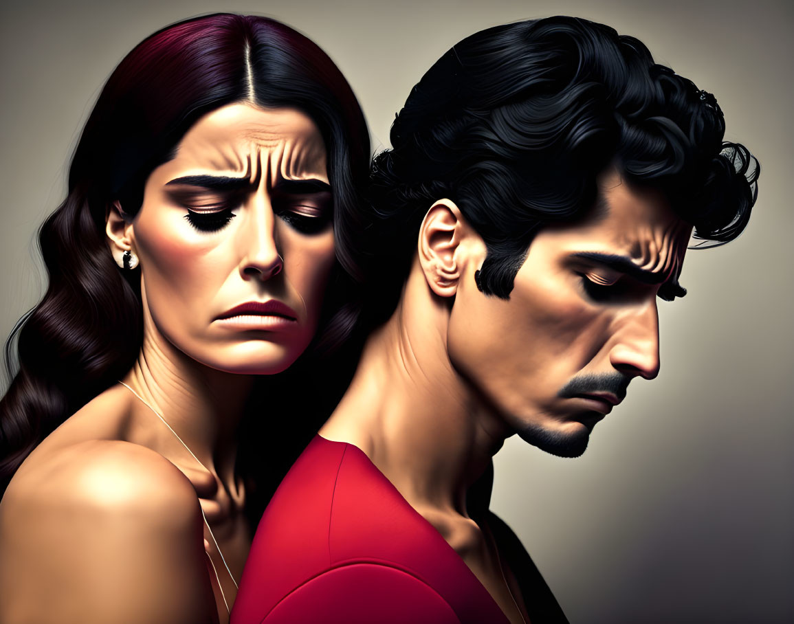 Man and woman illustration with exaggerated features, concerned expressions, back-to-back on dark background