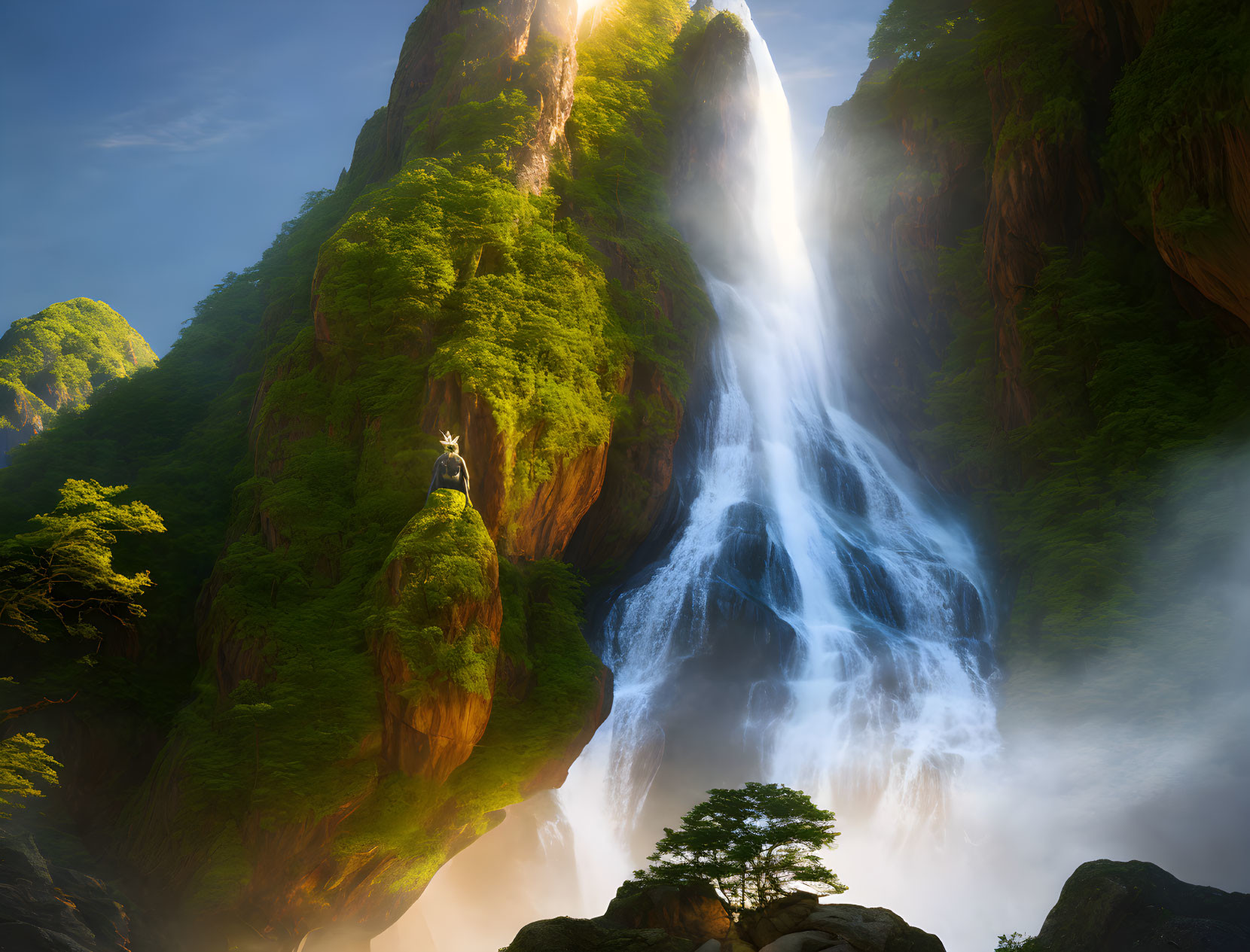 Majestic waterfall on green cliff with sunlight and mist