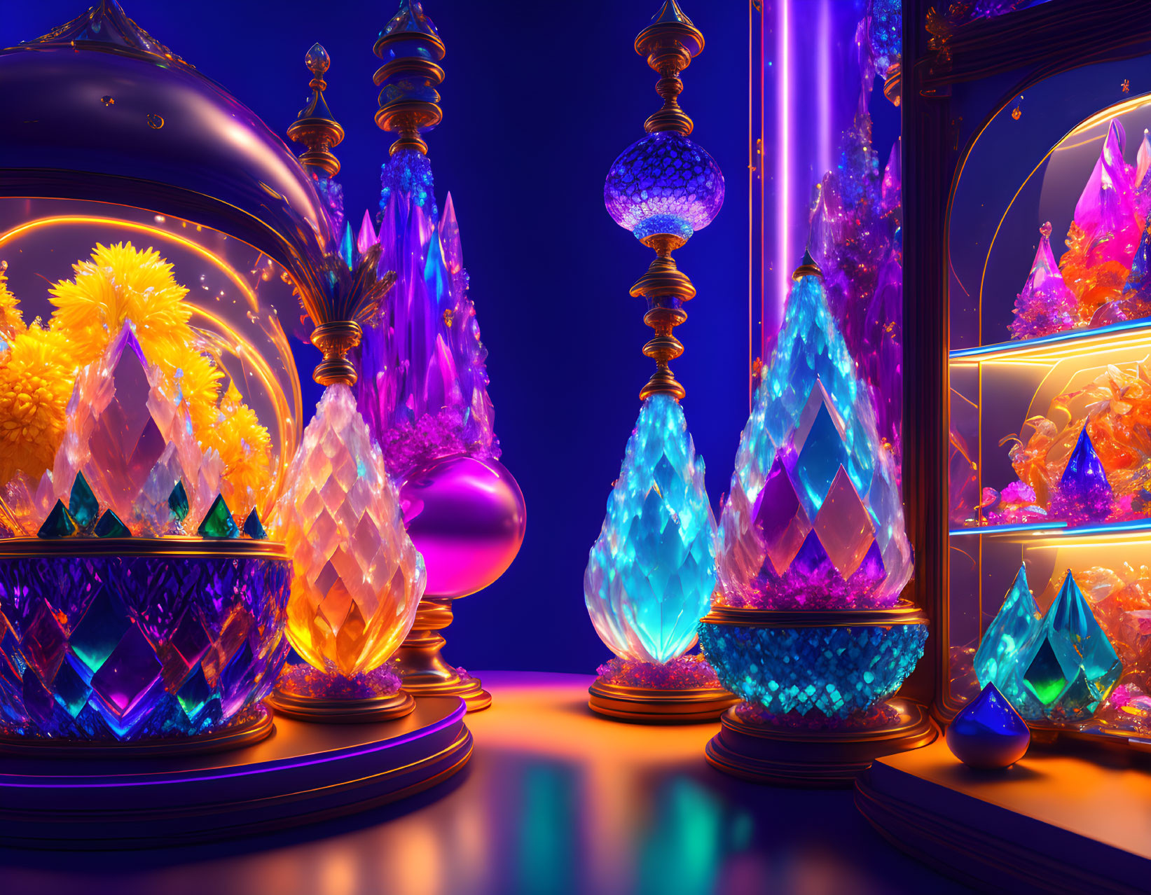 Colorful illuminated crystals under glass domes on blue background