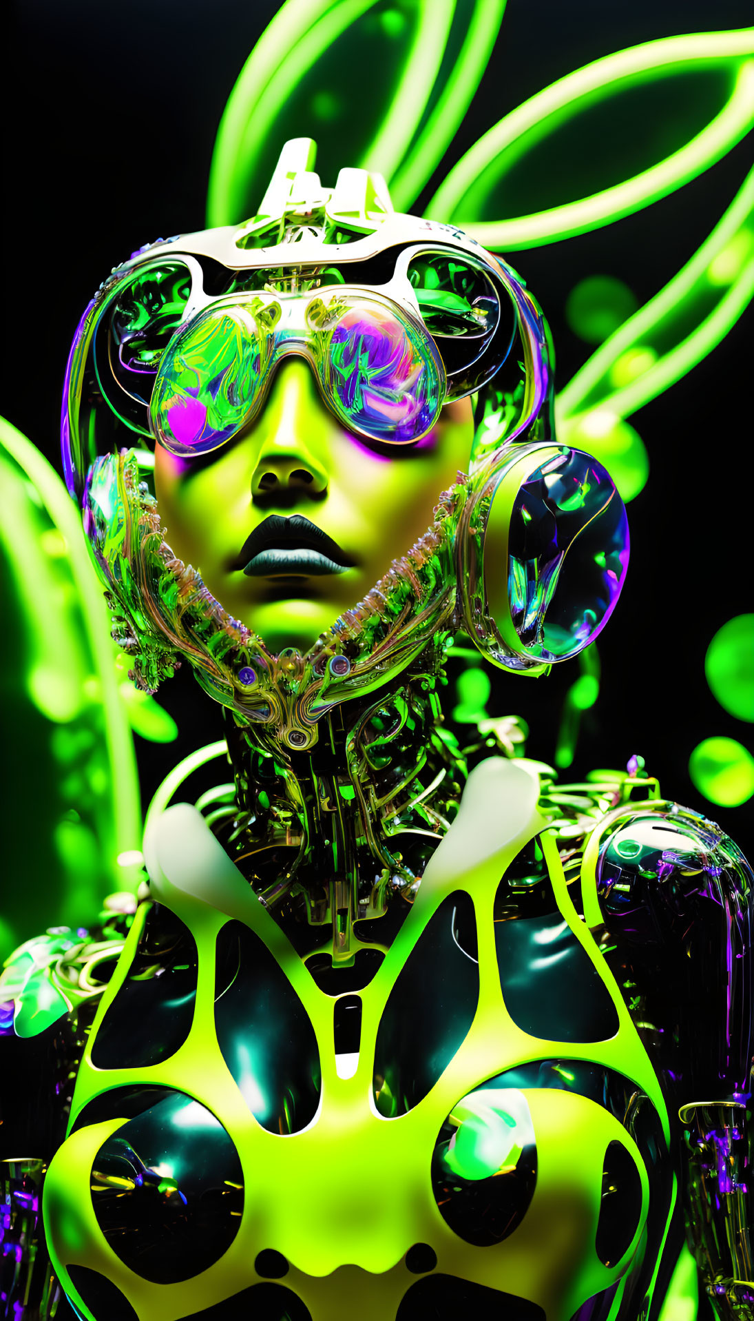 Futuristic robot with chrome body and neon green accents in glasses and glowing loops