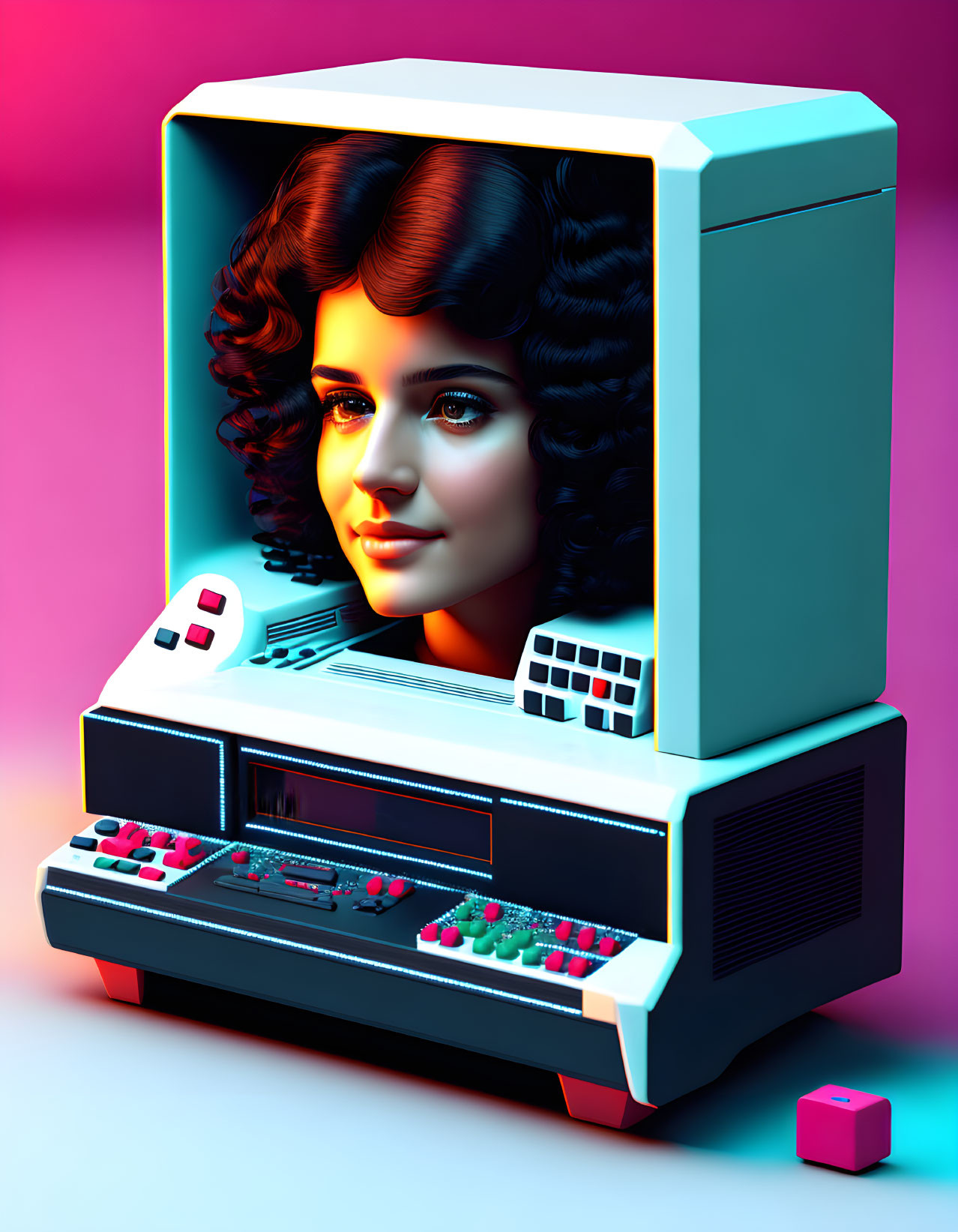 Surreal image: woman's face merged with retro computer, colorful keyboard, game controllers on pink