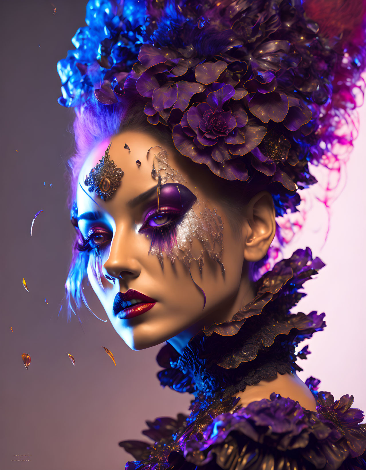 Elaborate purple floral headpiece with metallic accents and petals