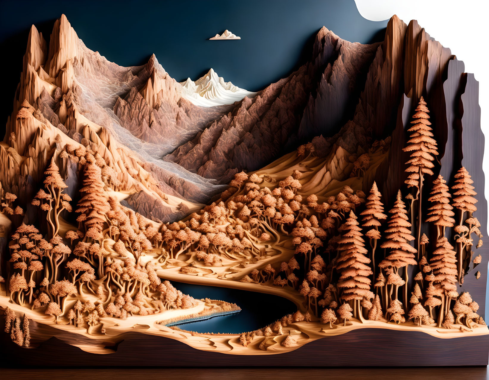 Layered 3D paper art landscape with mountains, forest, river, and lake