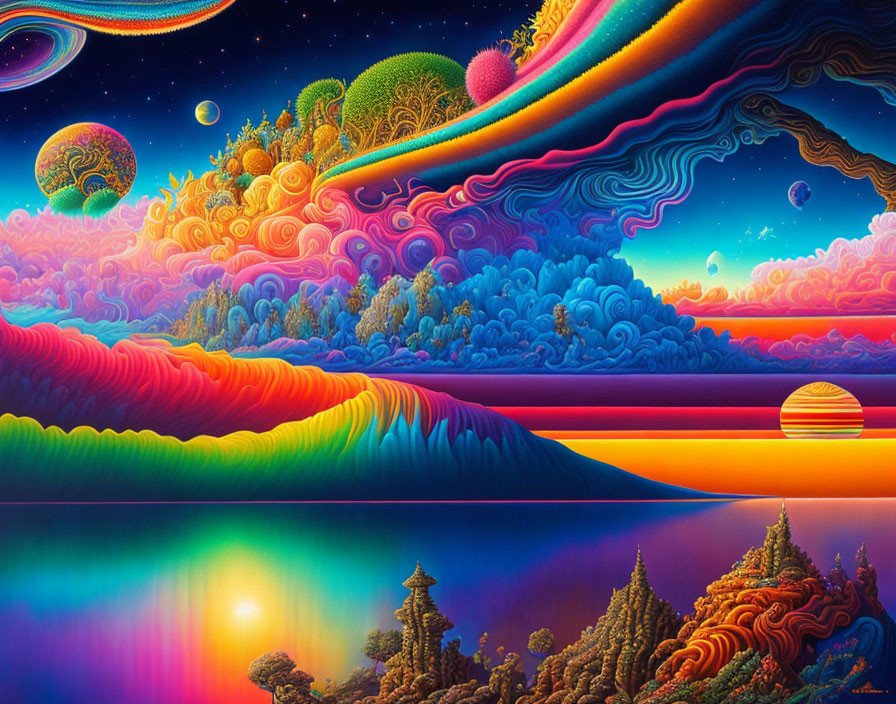 Colorful Psychedelic Landscape with Celestial Bodies and Water Reflections