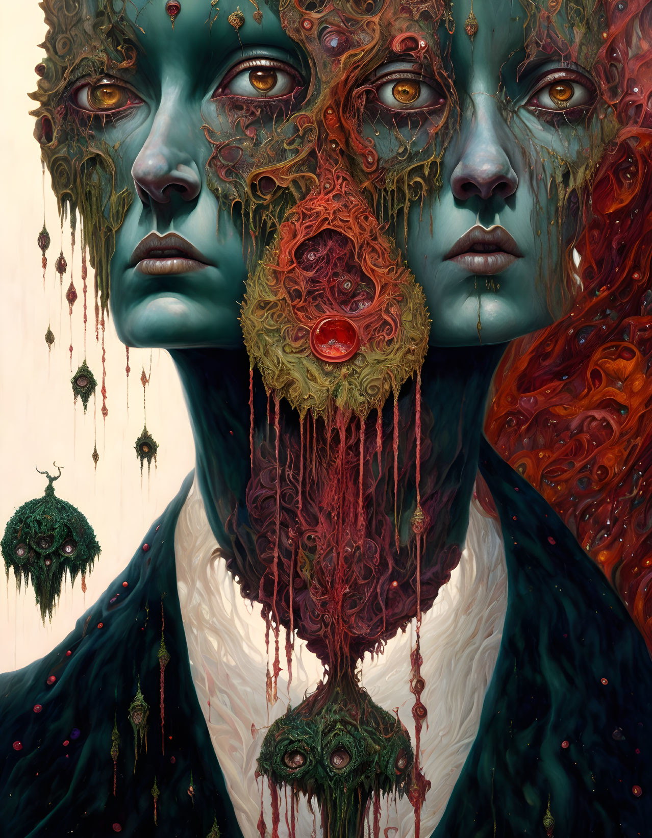 Intricate surreal portrait with vivid colors and ornate details