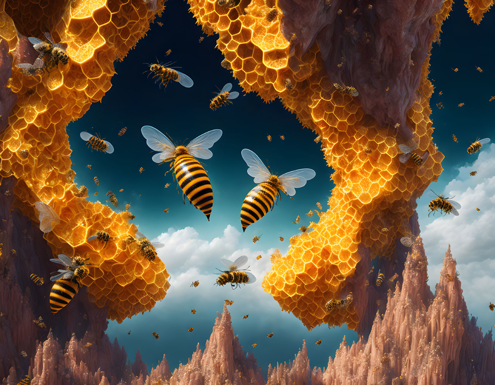 Fantastical scene: giant honeycombs, bees, rocky formations under a blue sky