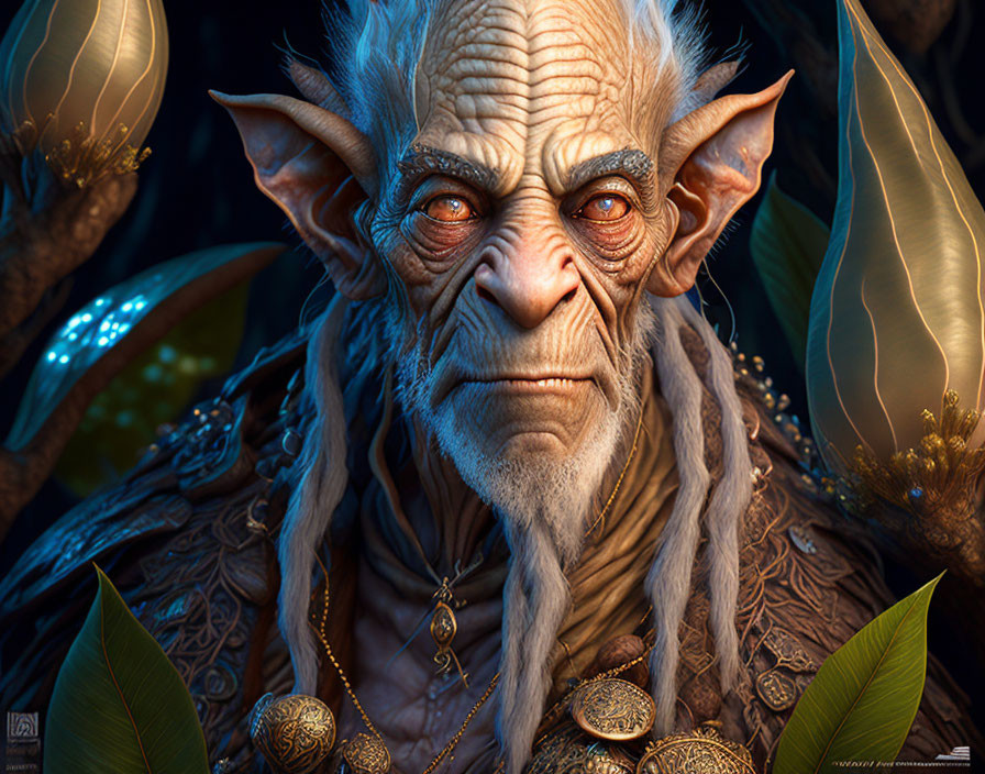 Detailed digital portrait: fantasy creature with pointed ears, wrinkled skin, wise eyes, surrounded by leaves