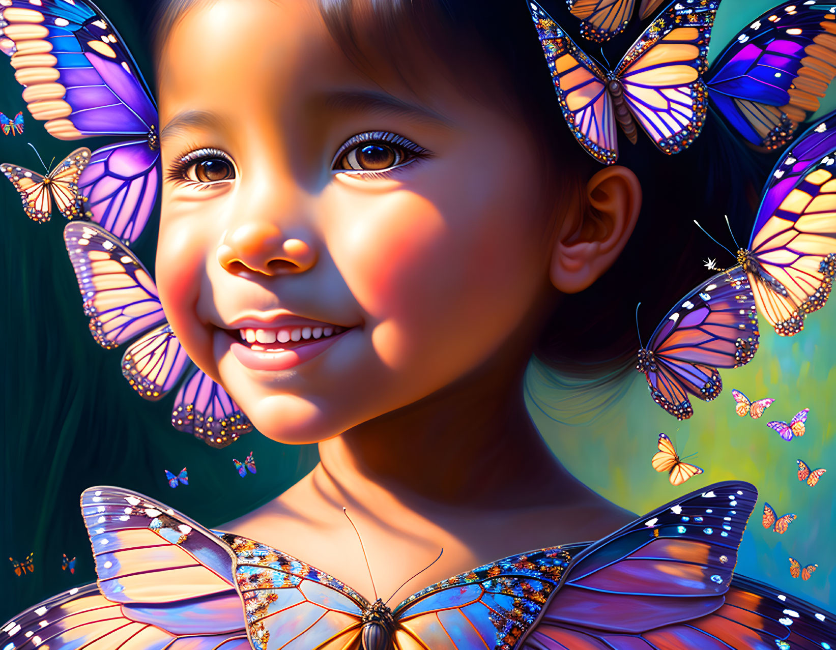 Smiling young girl with dark hair surrounded by monarch butterflies