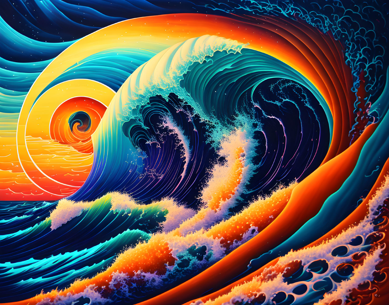 Colorful Stylized Ocean Wave Artwork with Swirling Patterns