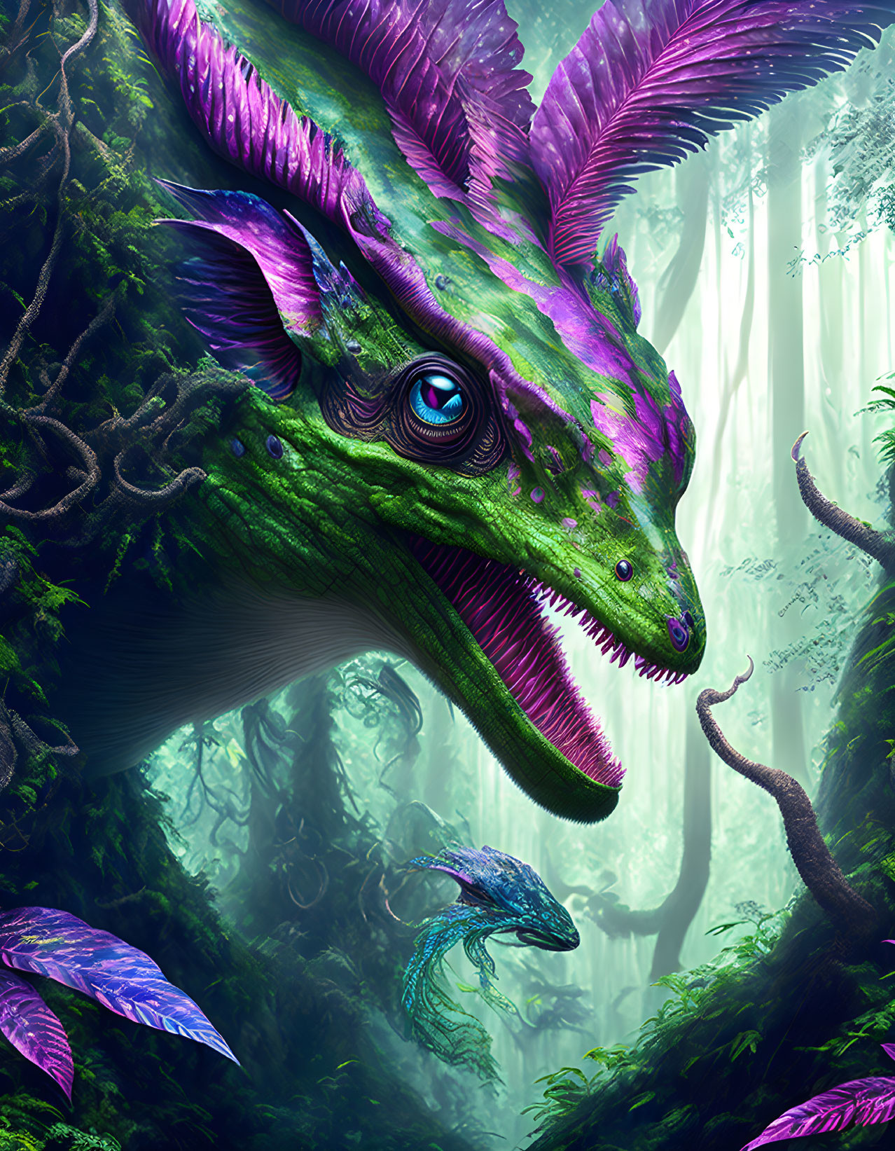 Colorful Dragon with Blue Eye in Mystical Forest