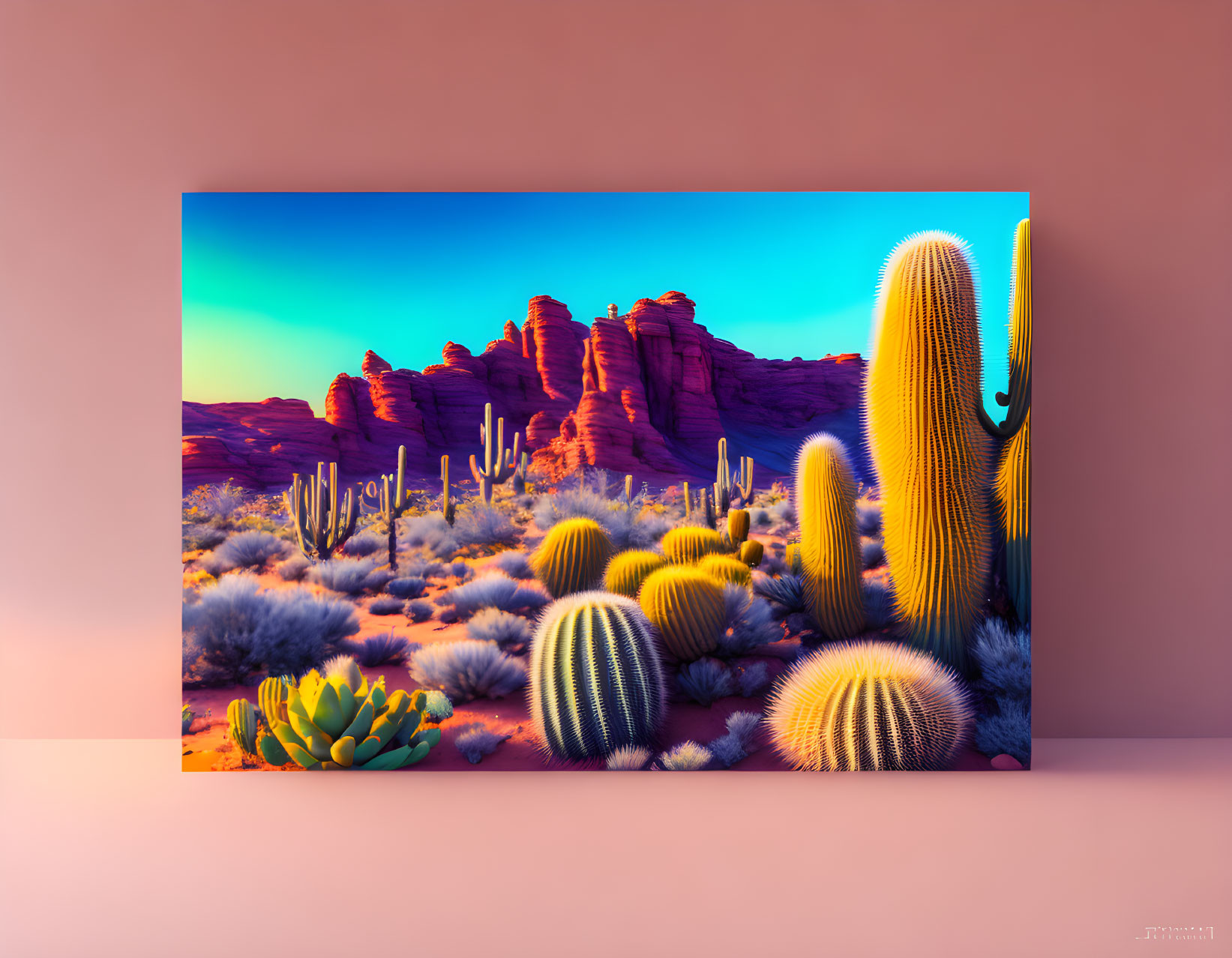 Vibrant desert landscape with cacti, red rocks, and gradient sky