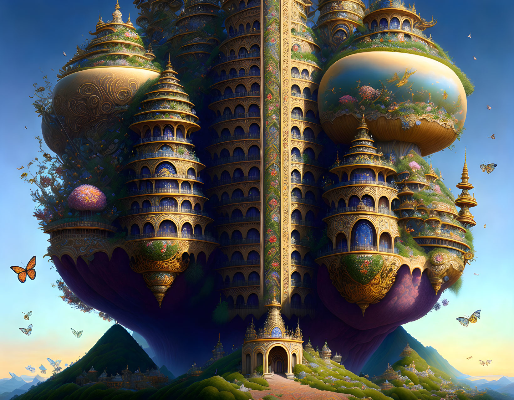 Fantastical landscape with ornate buildings, floating islands, butterflies, and vibrant sky