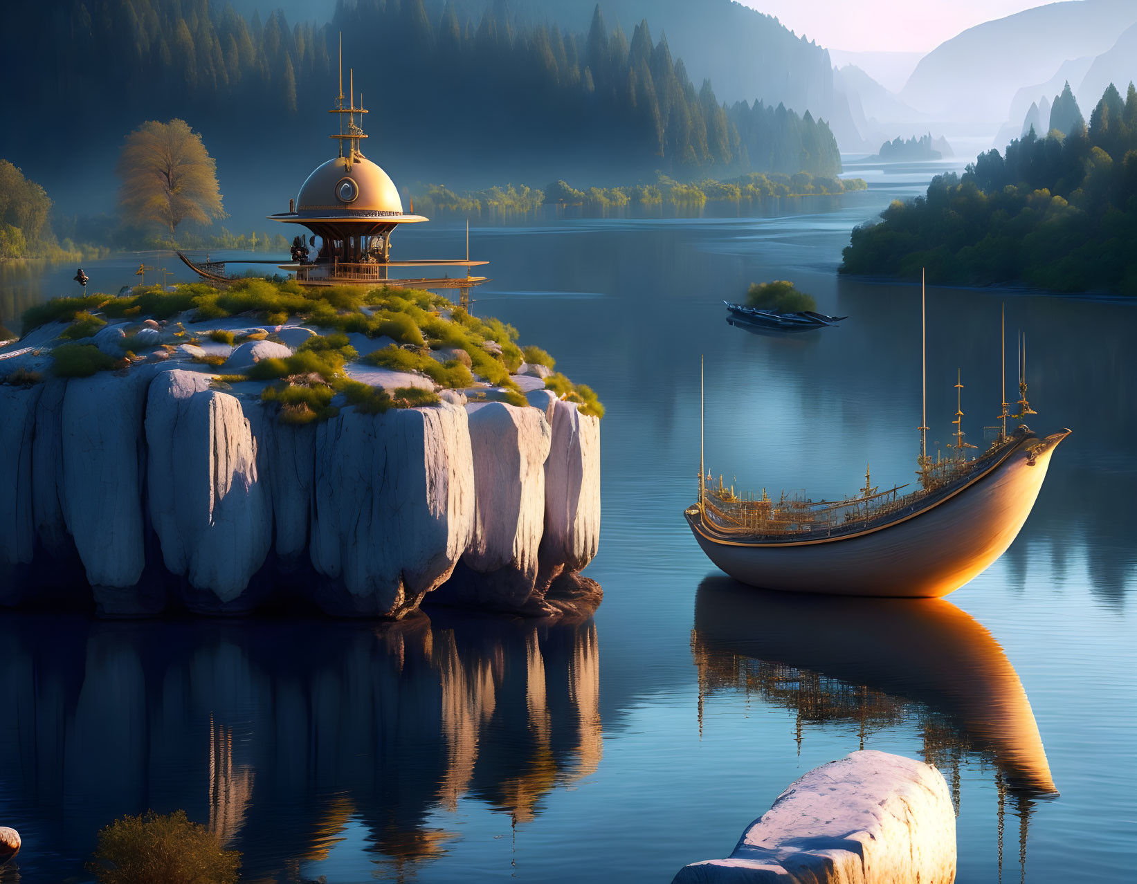 Majestic ship near island with domed structure in serene fantasy landscape