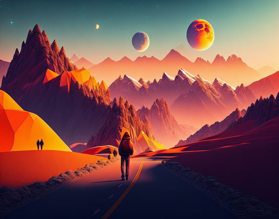 Person walking on road towards mountains under sky with two planets in orange and teal color palette